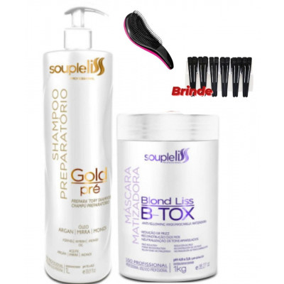 Shampoo Preparatório Gold Pré 01 LT e  B-Tox Blond Liss 01 KG  Souple Liss+Brinde