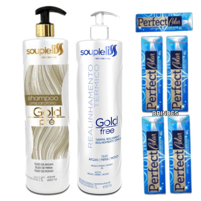  Kit Gold Free - Progressiva sem Formol - Realinhamento Térmico+ Shampoo Anti Resíduo Gold Pré + Brinde